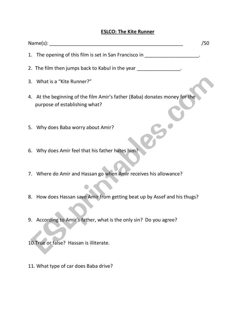 The Kite Runner Fil guide worksheet