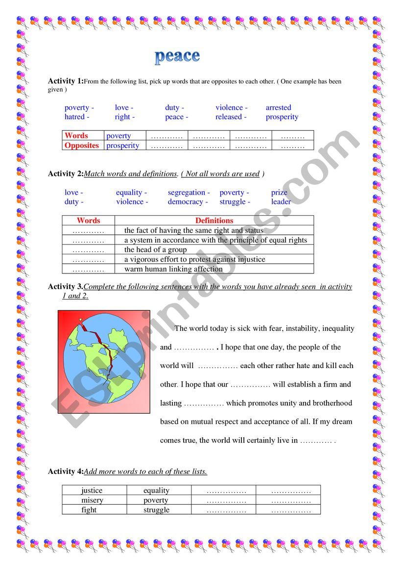 peace vocabulary worksheet