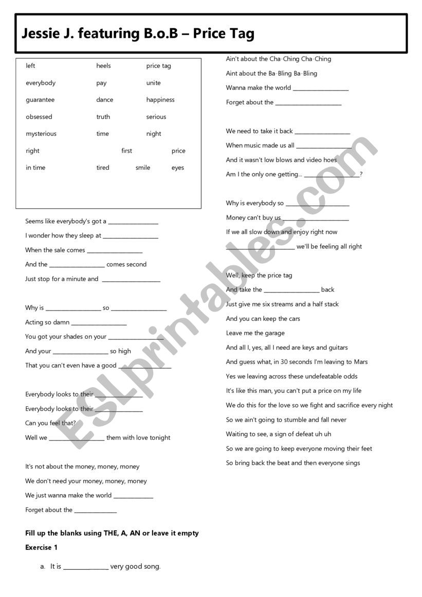 Price tag worksheet