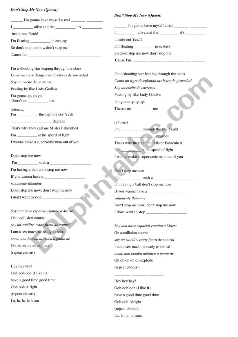 Dont Stop me Now worksheet