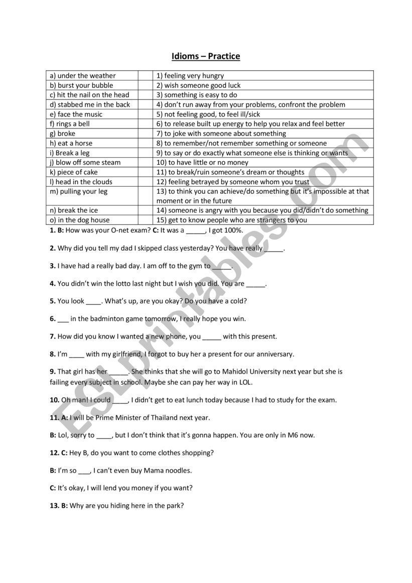 Idioms Worksheet - Meaning & Writing your own sentences