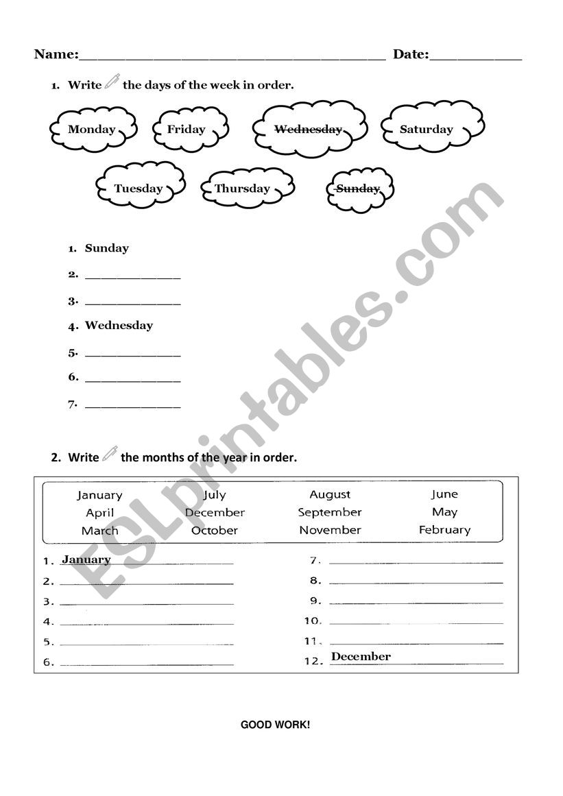 Days of the week and Months worksheet