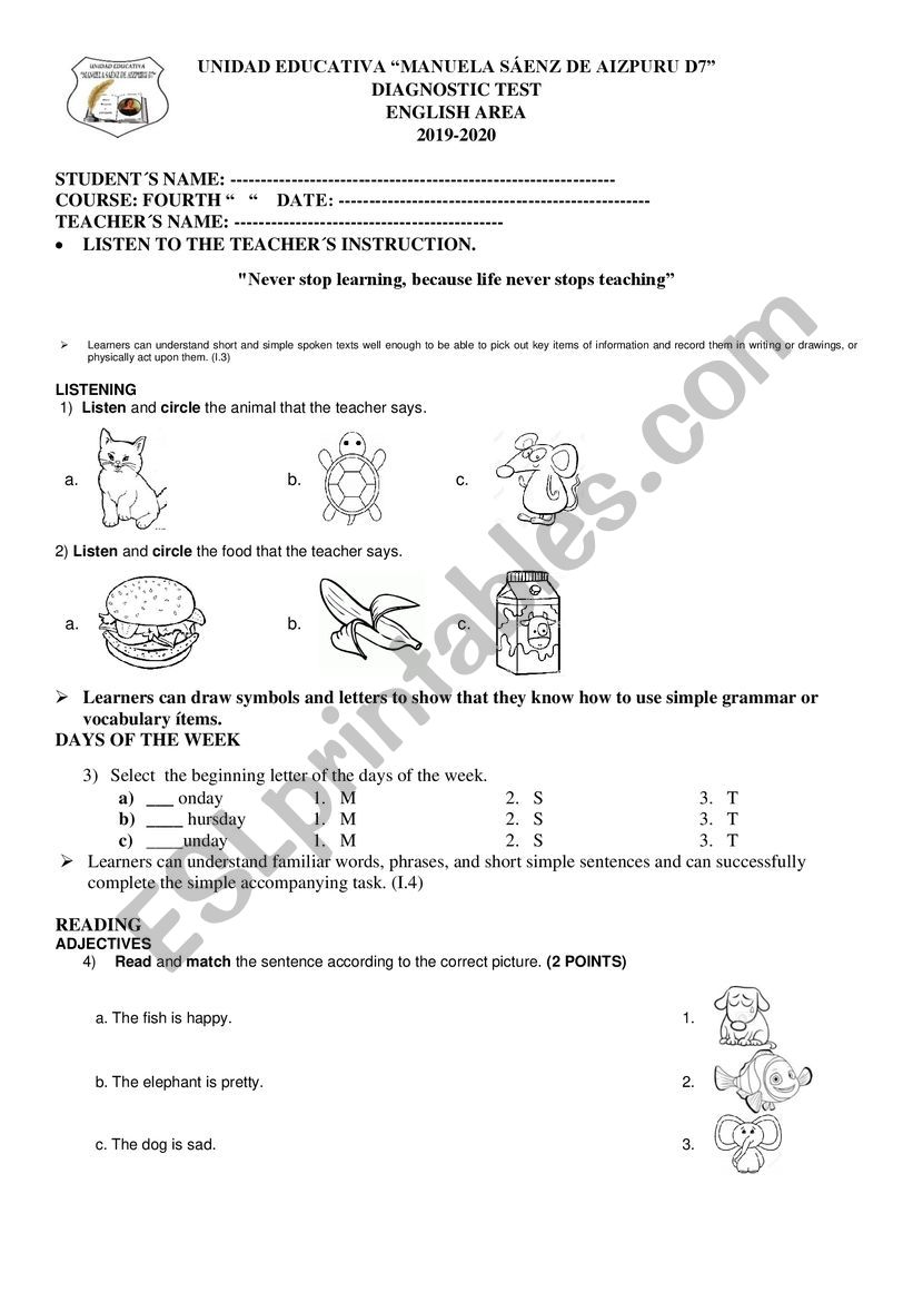 DIAGNOSTIC TEST worksheet