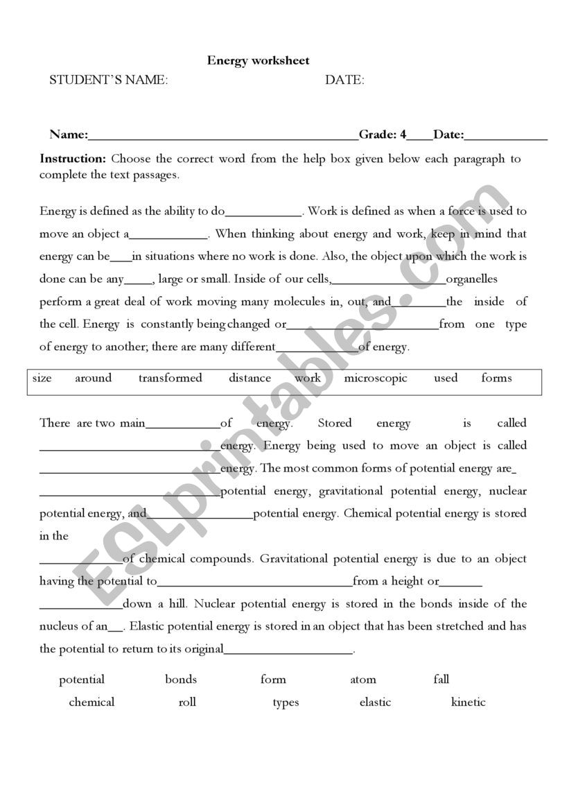 ENERGY PASSAFE worksheet