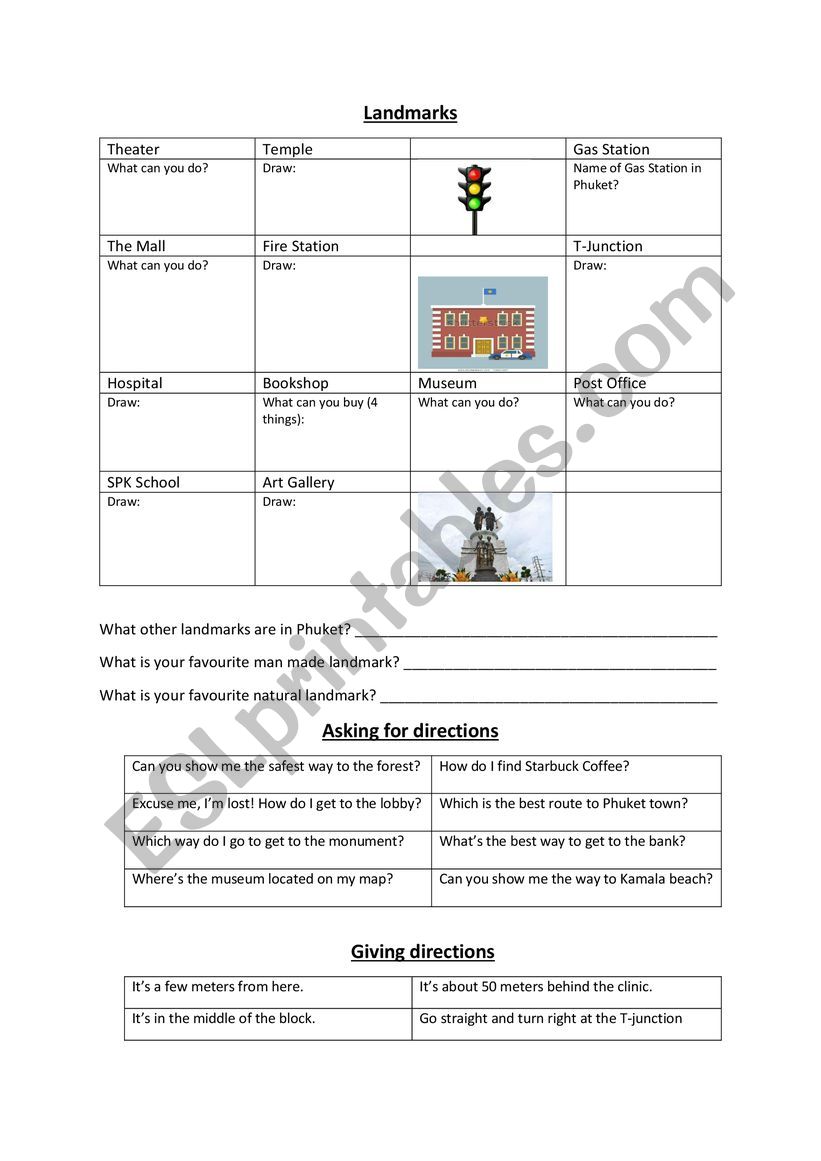 Directions & Landmarks Worksheet