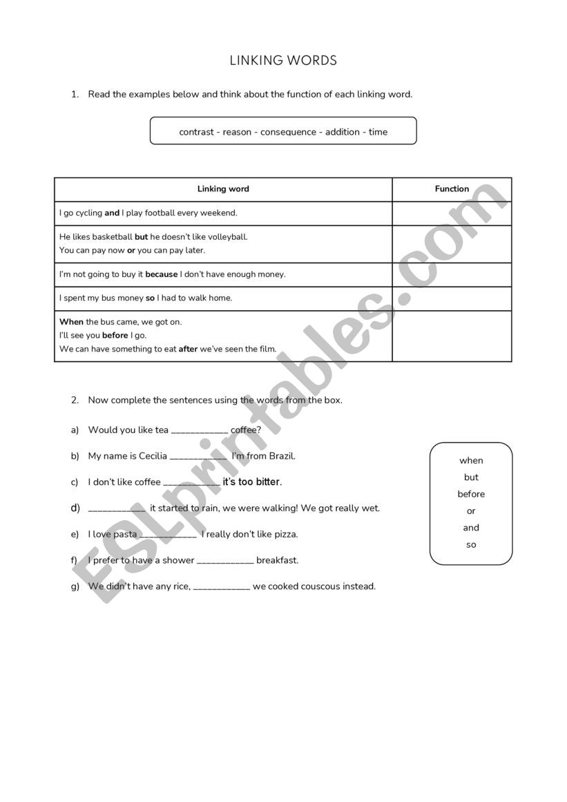 Linking words worksheet