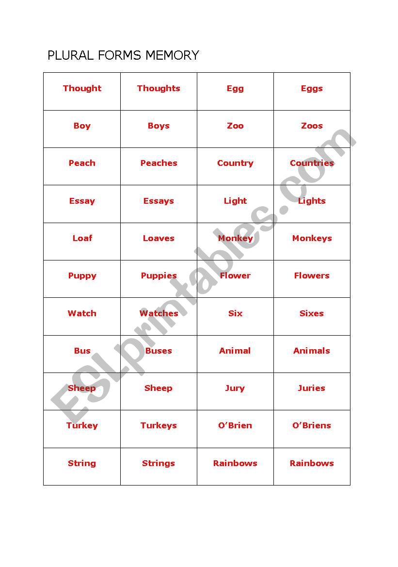 Plural and Singular memory game