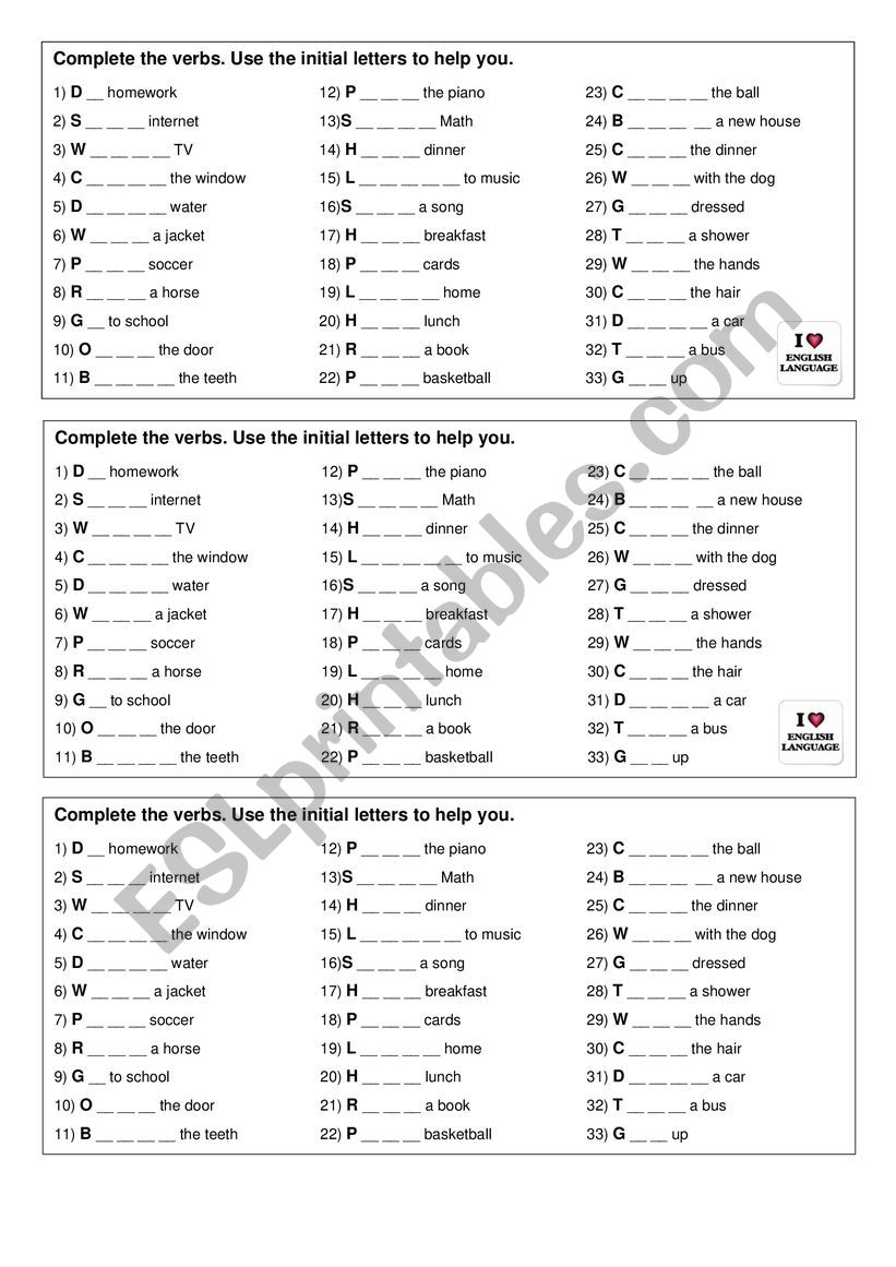 Action Verbs worksheet