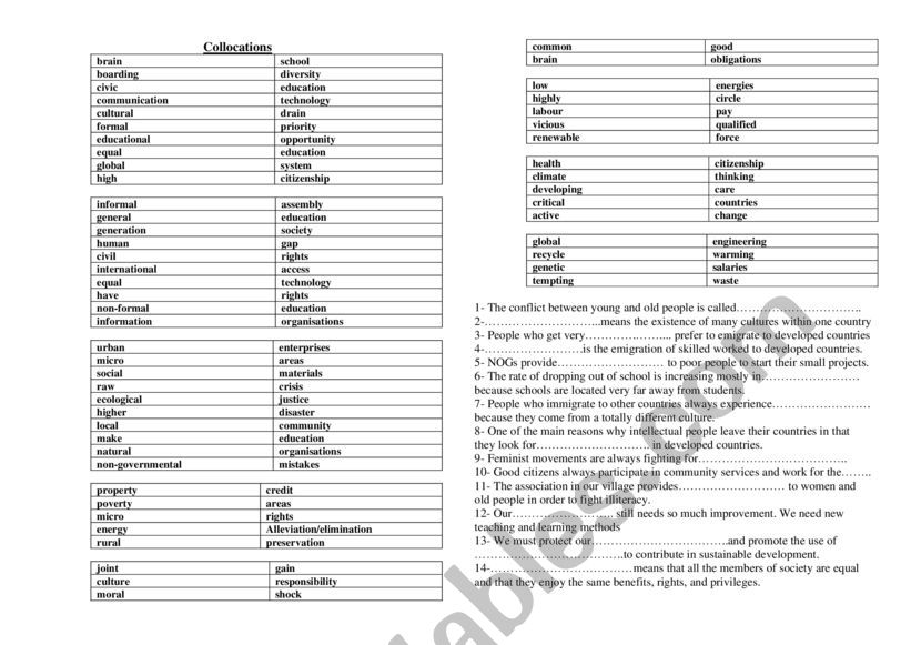 Collocations and exercises worksheet