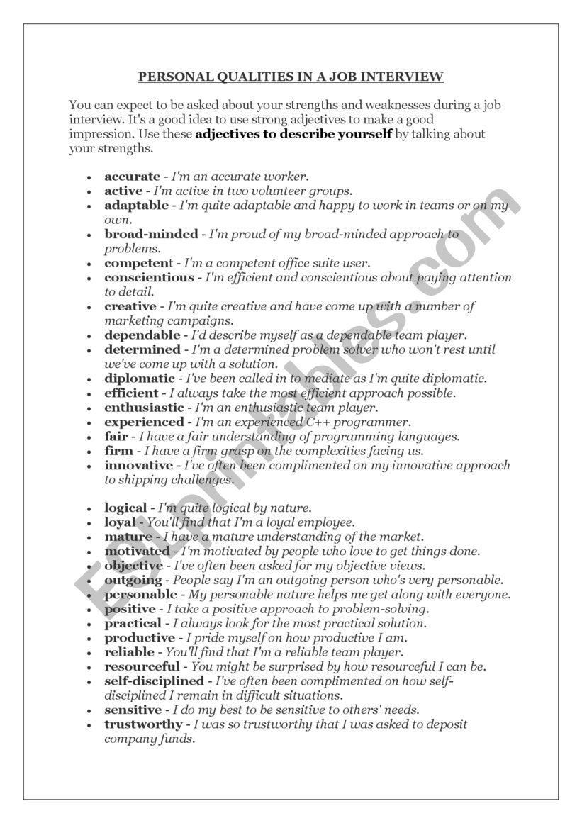 Personal adjectives and qualities