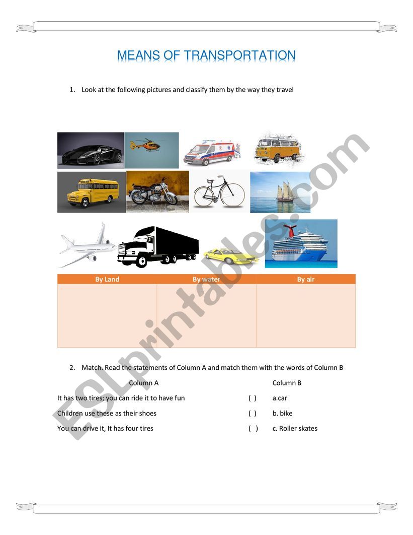 MEANS OF TRANSPORTATION worksheet