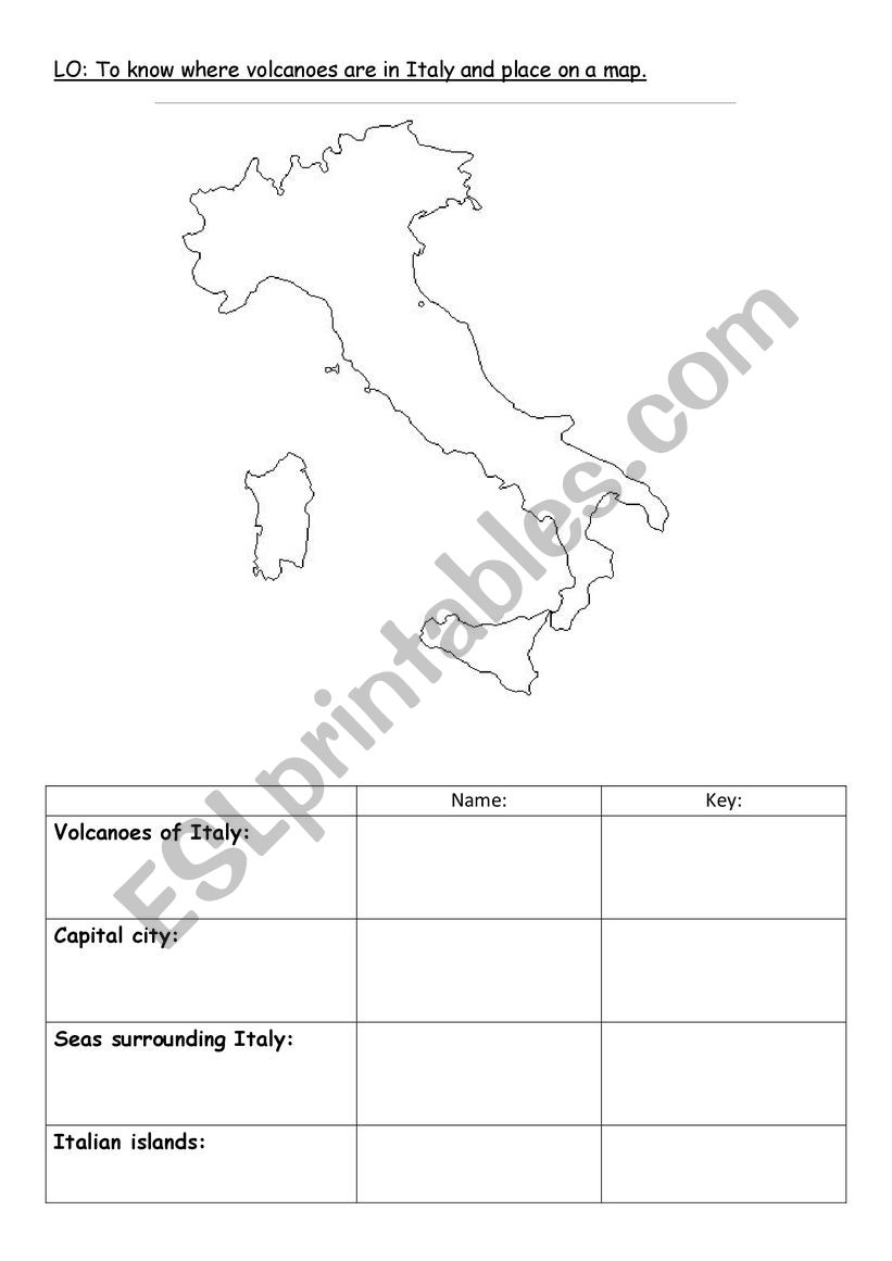 Labelling volcanoes of Italy  worksheet