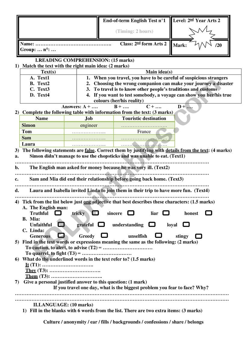 Quiz n°1 cs - p2 worksheet