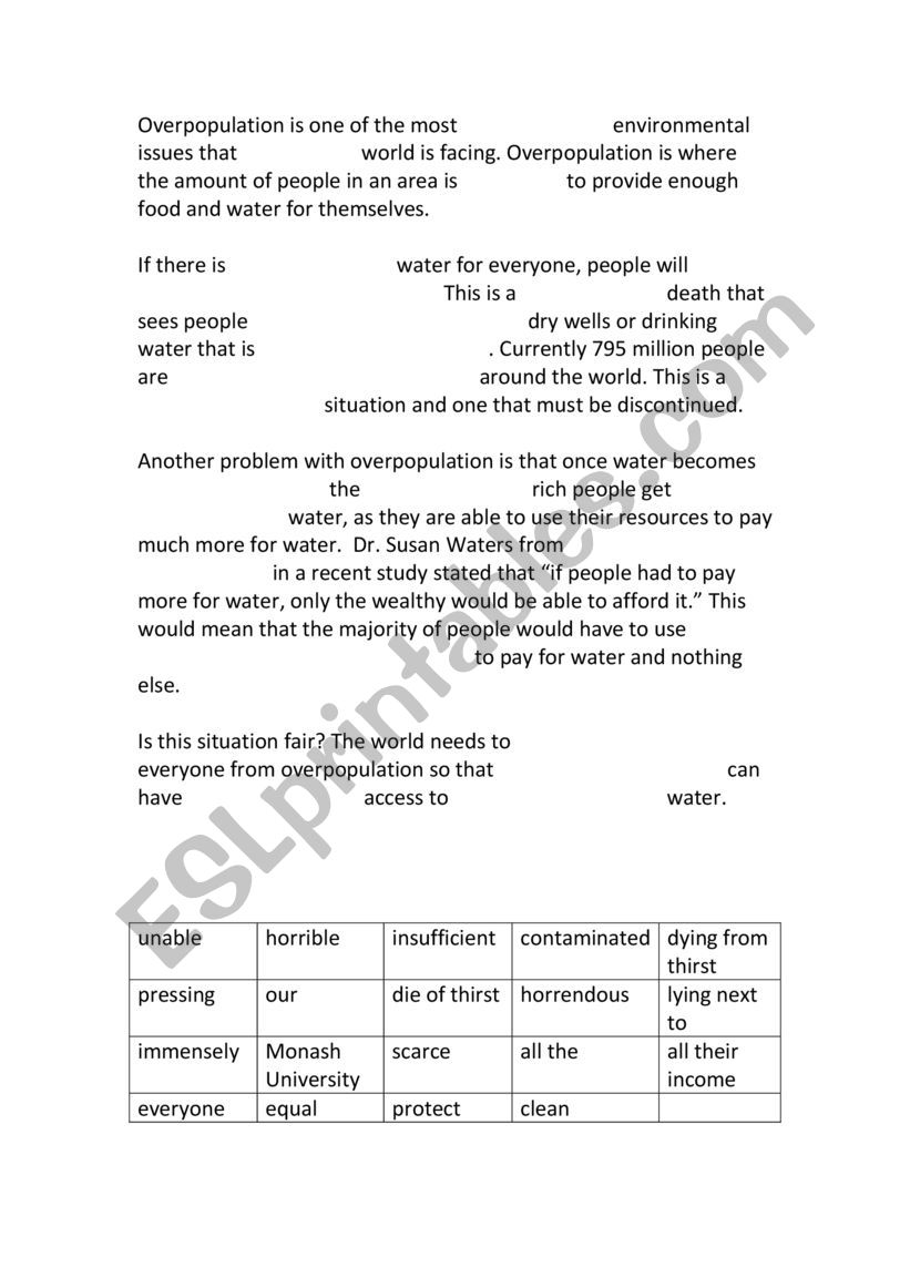 Overpopulation worksheet