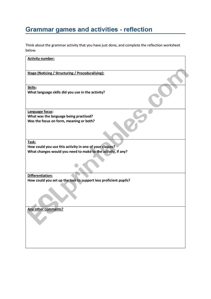 Grammar Reflection worksheet