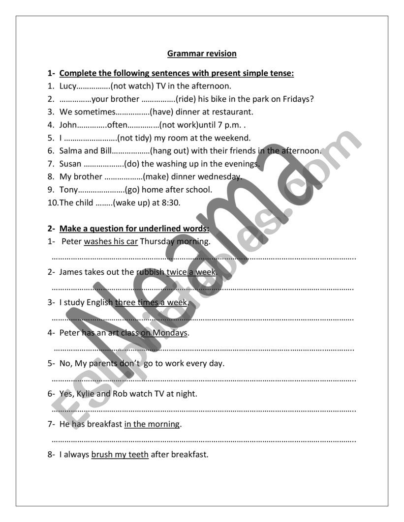 grammar revision worksheet