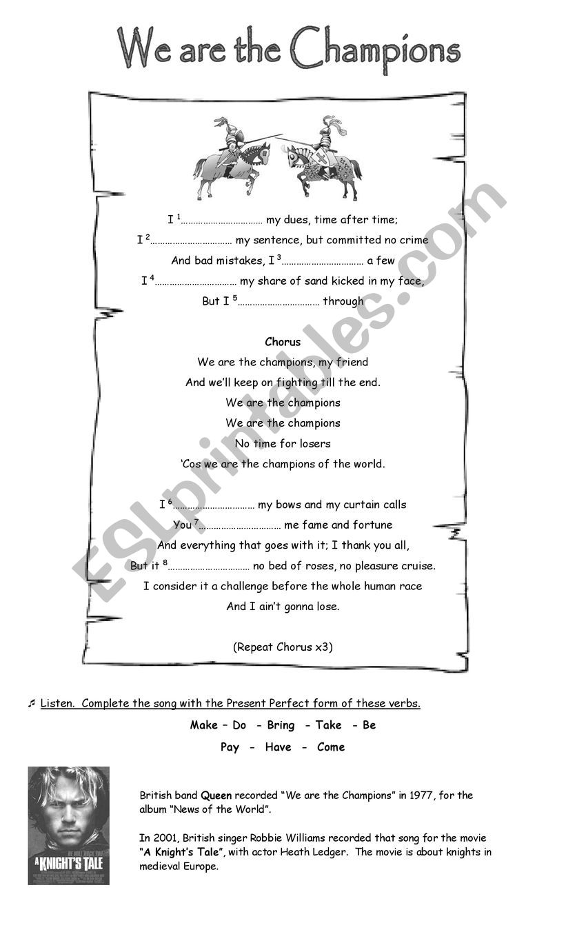 Queen We are the champions worksheet