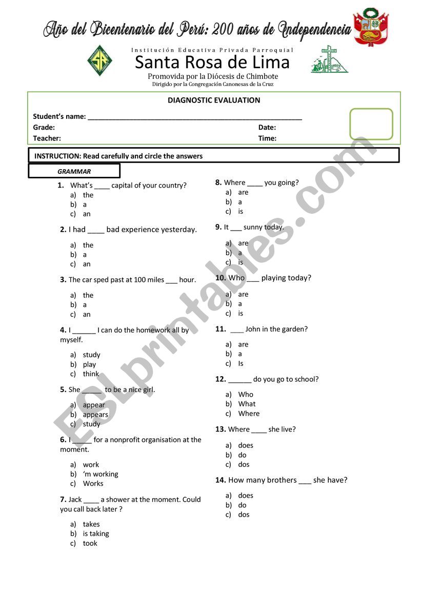 PLACEMENT TEST 1 - BEGINNER / ELEMENTARY 