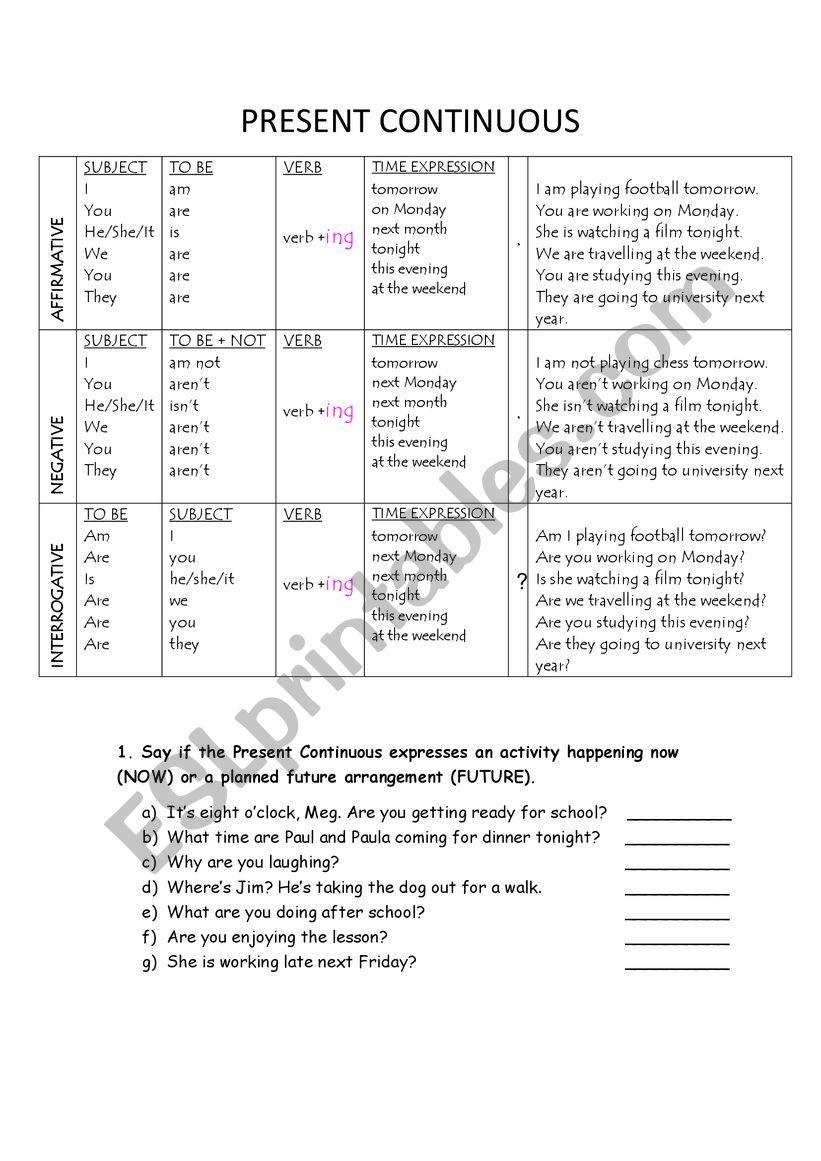 Present continuous exercises worksheet