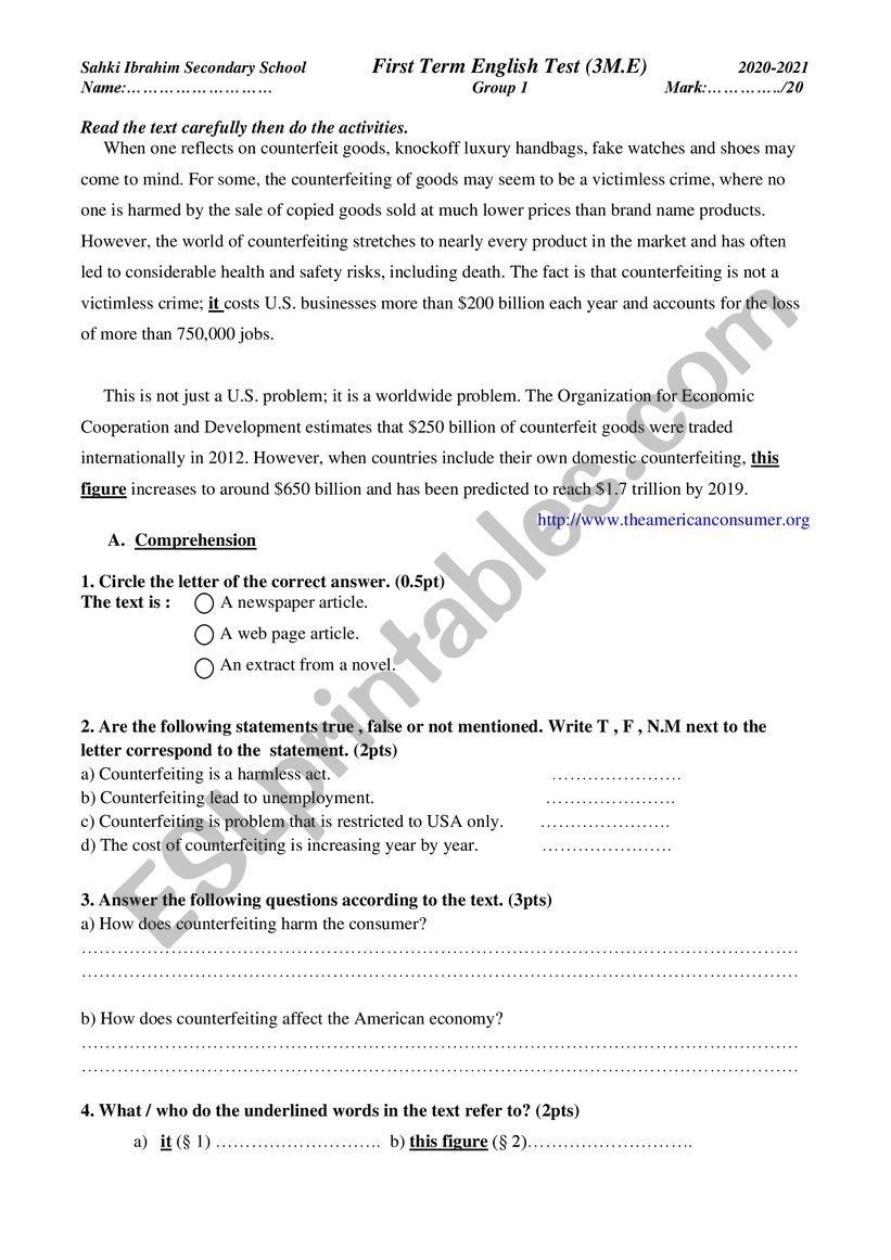 counterfeit goods worksheet