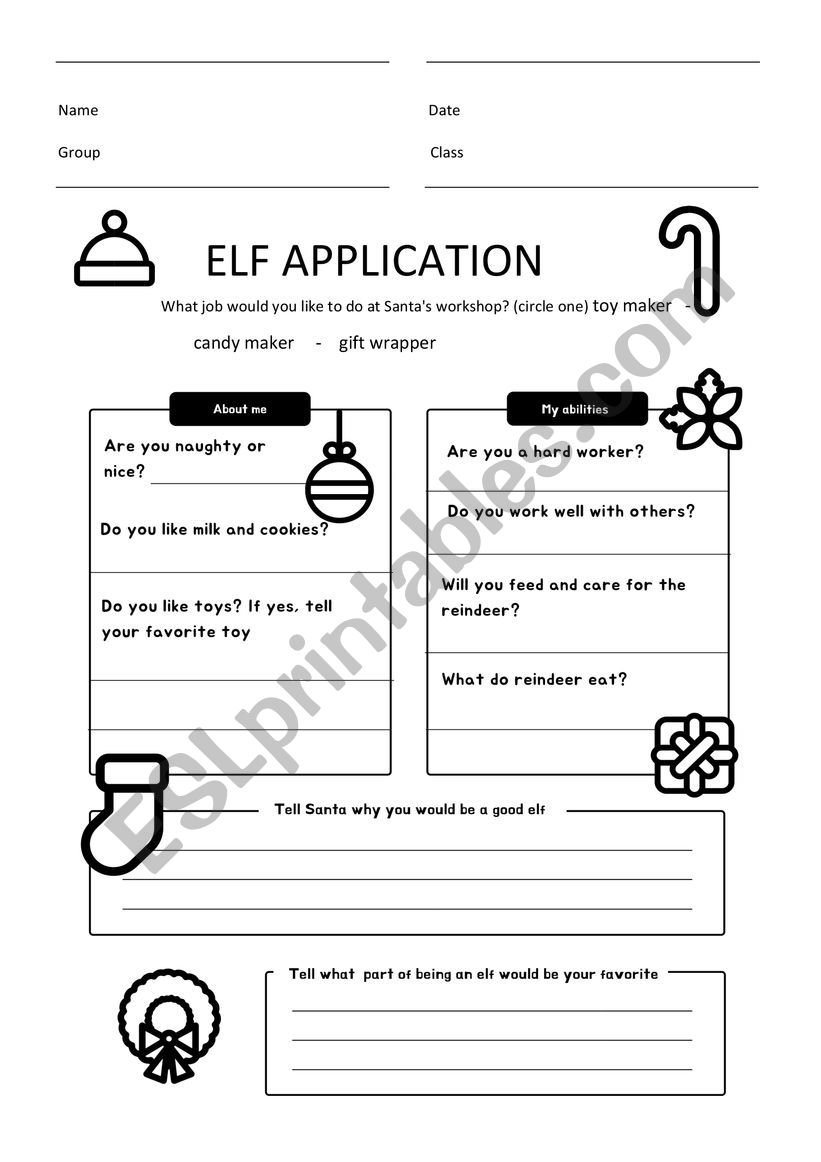 Elf Job Application worksheet