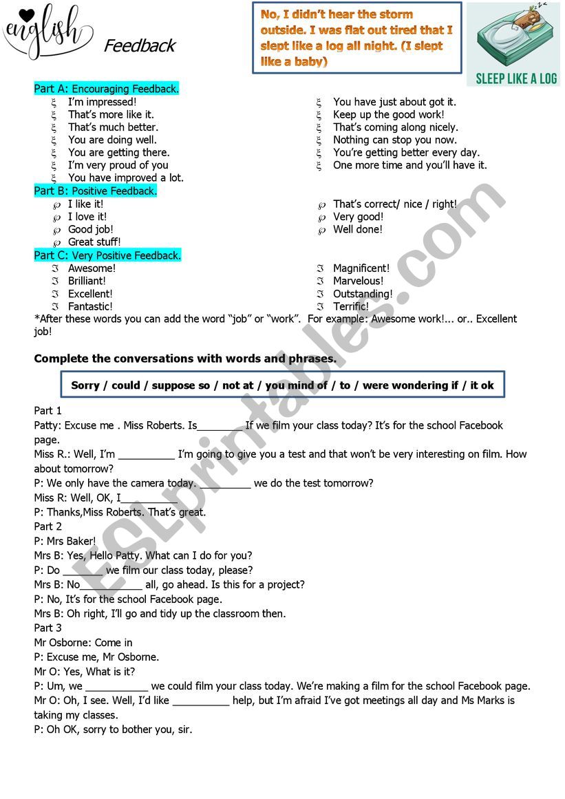 Useful feedback words  worksheet