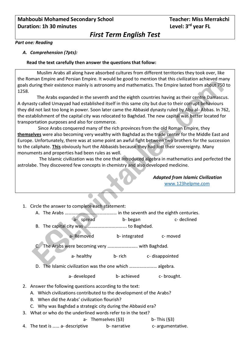 islamic civilization worksheet