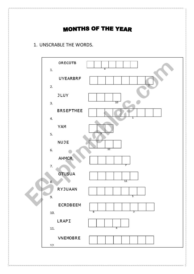THE MONTH OF THE YEAR worksheet