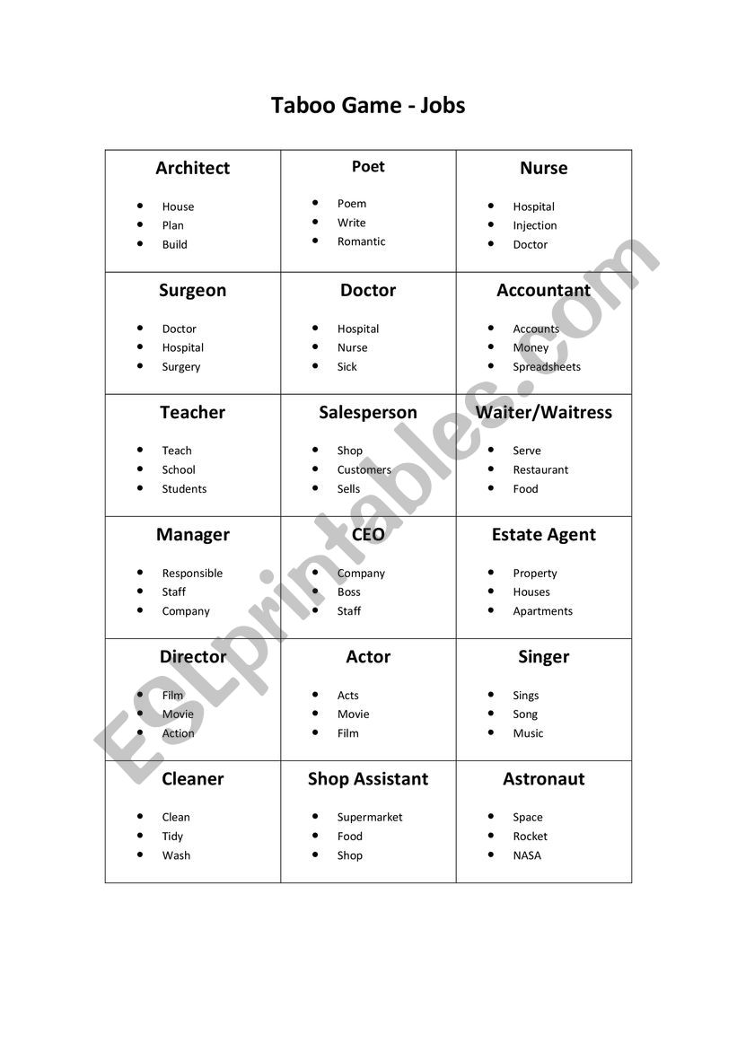 Jobs Taboo worksheet