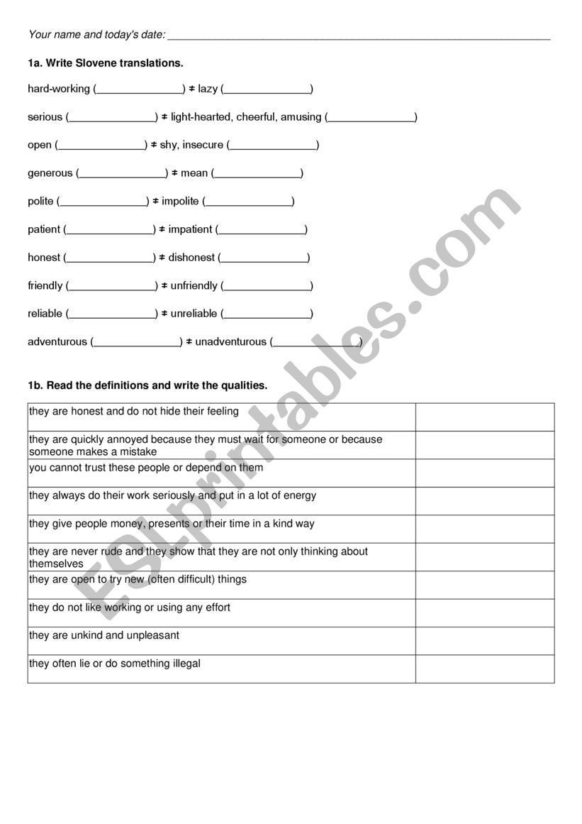 Personal Qualities worksheet