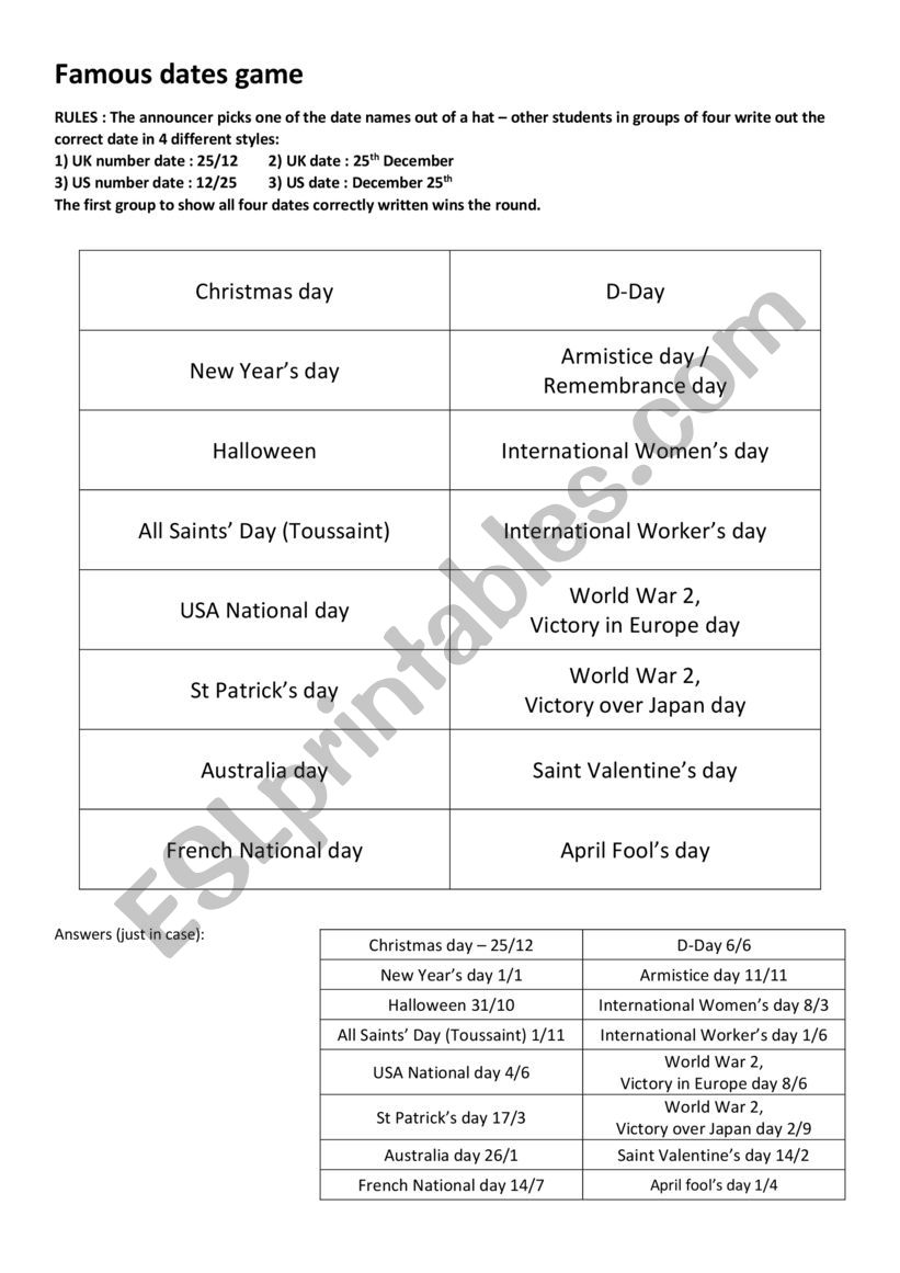 Famous dates game worksheet