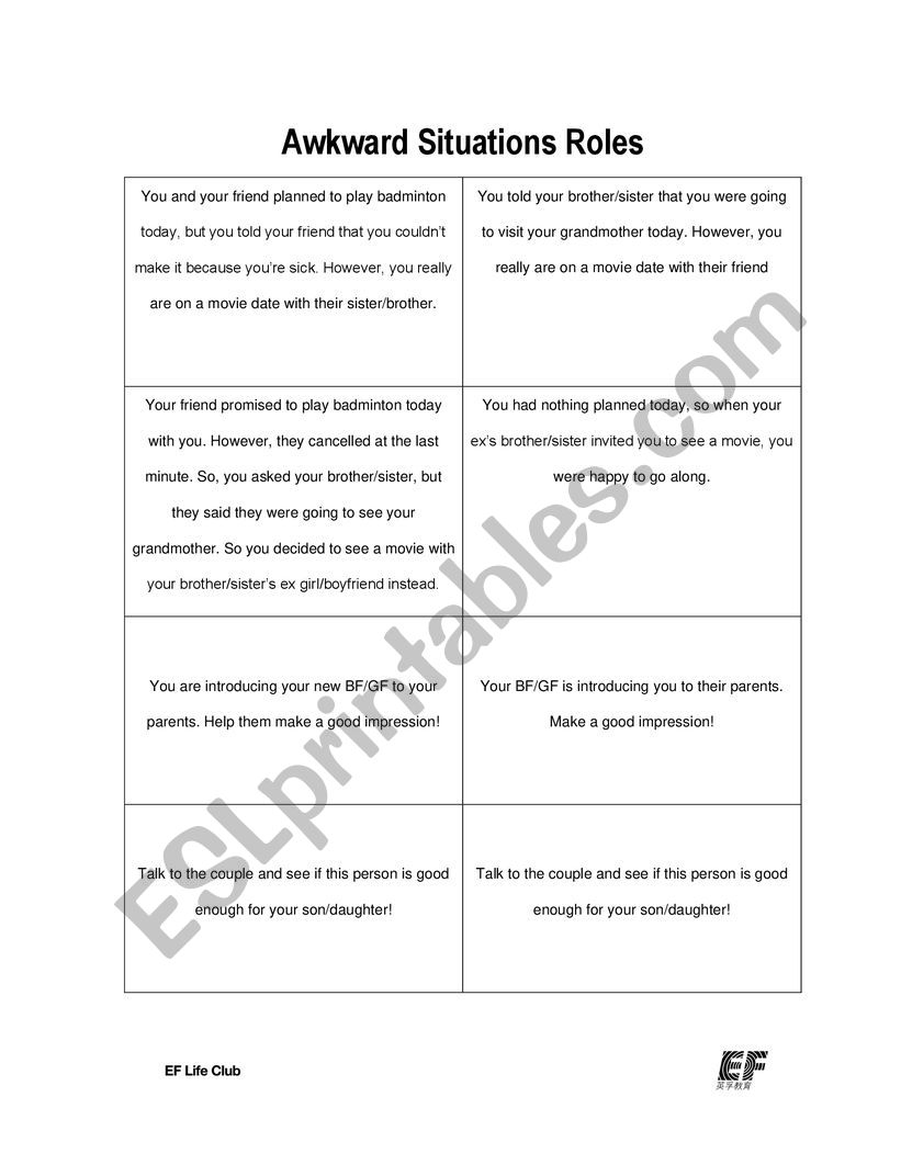 awkward situation roleplay worksheet