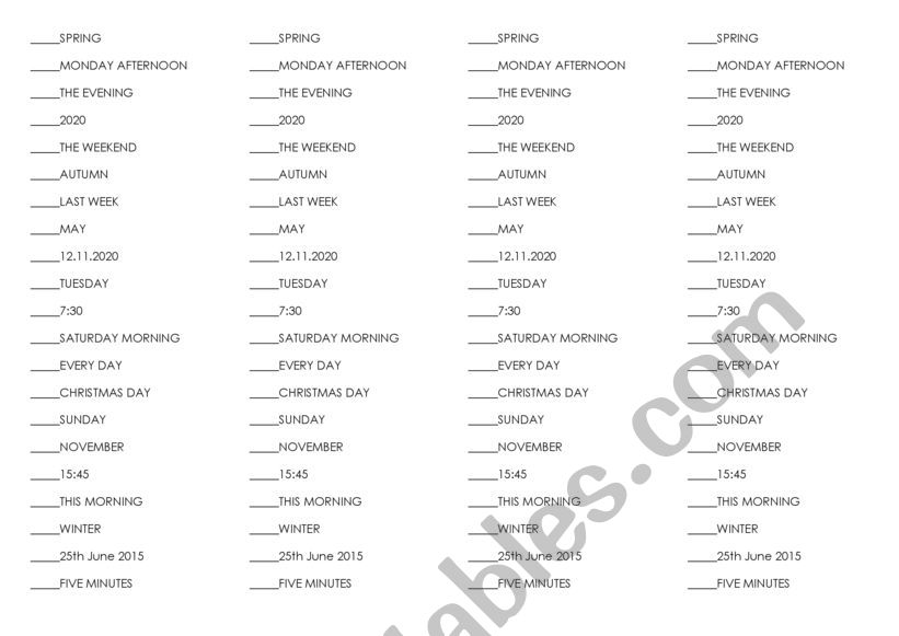 IN ON AT - time prepositions  worksheet