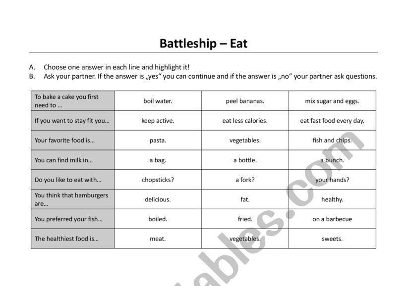 Battlship - Eat worksheet