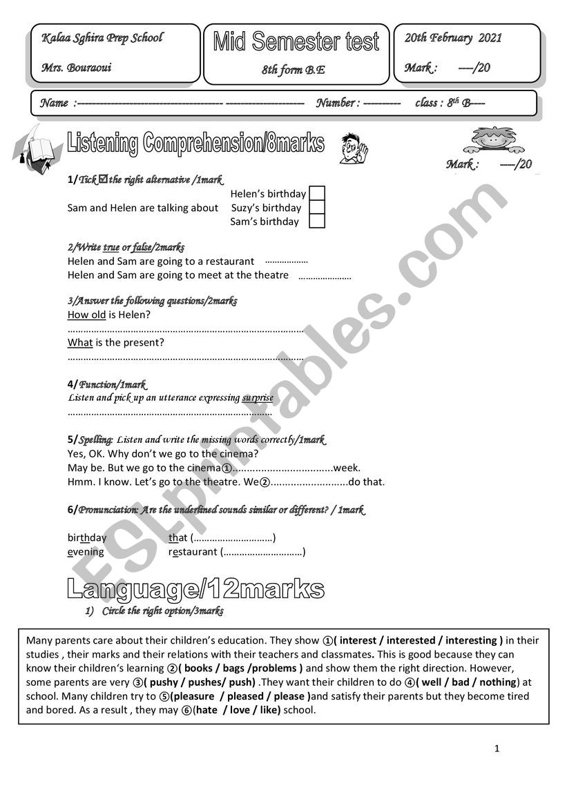 mid semester test8th form worksheet