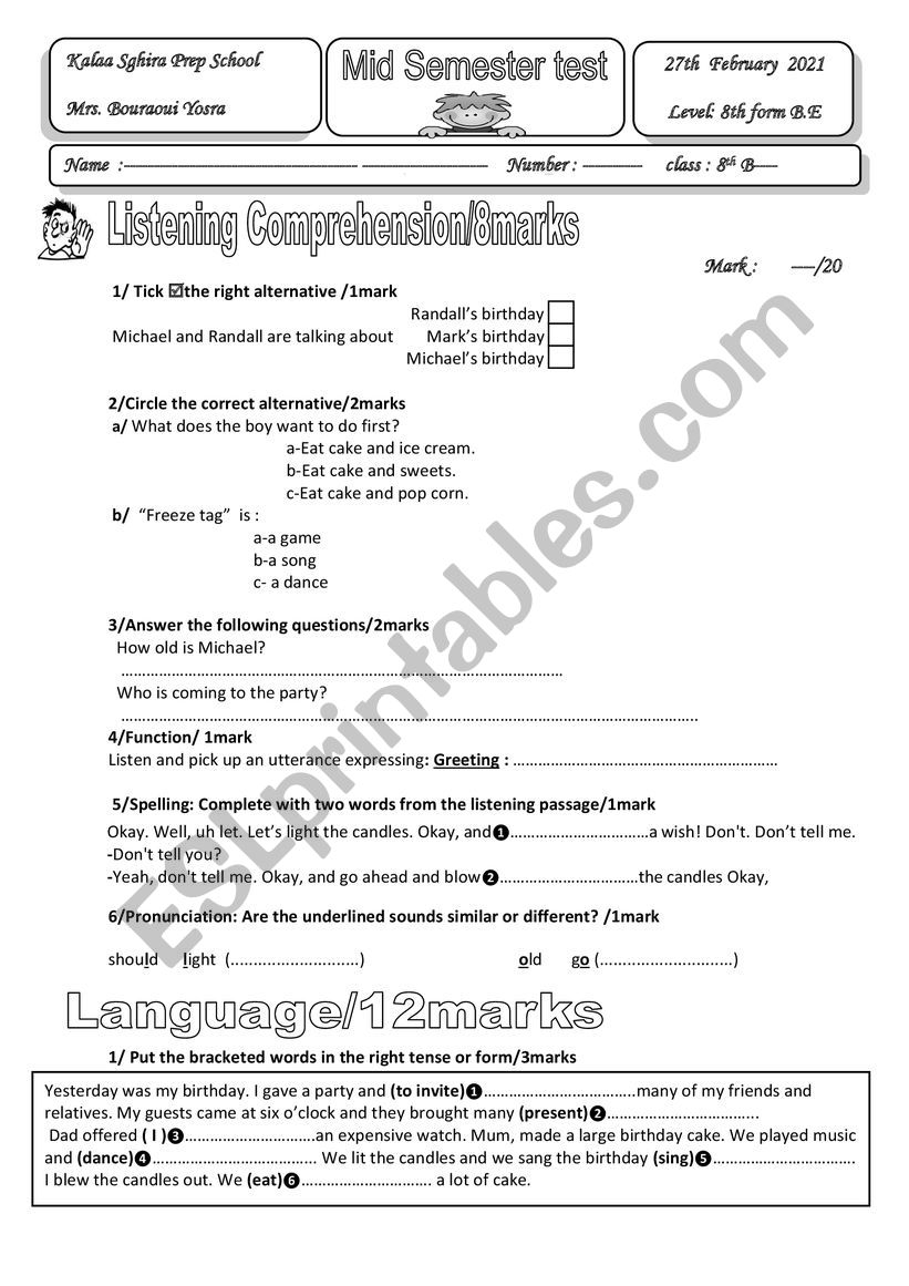 mid semester test 8th worksheet