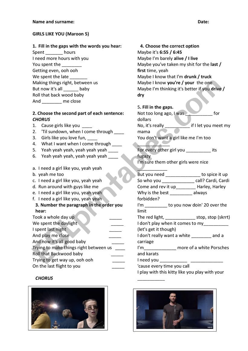 Maroon 5 - Girls like you song and n…: English ESL worksheets pdf & doc