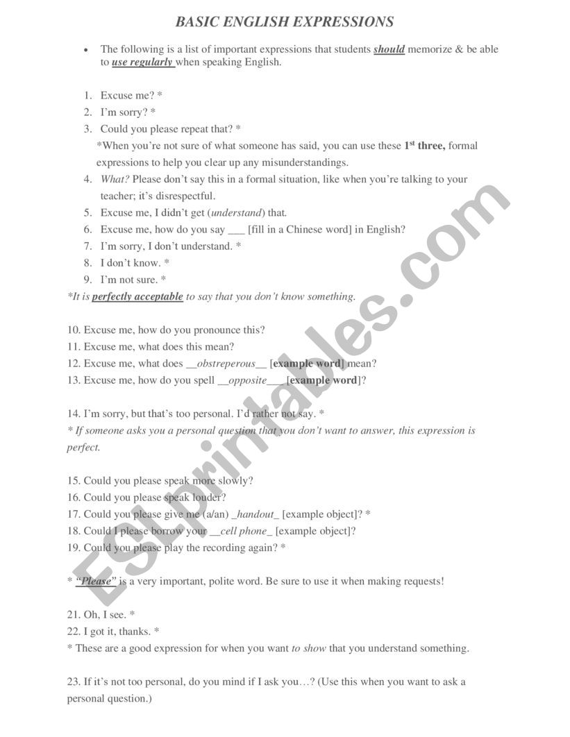 Basic English Expressions  worksheet