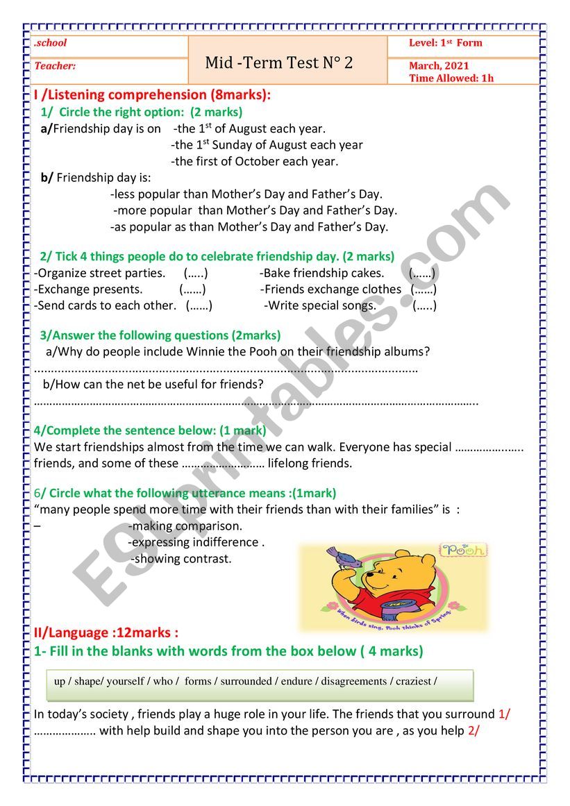 mid term test 2 first form worksheet