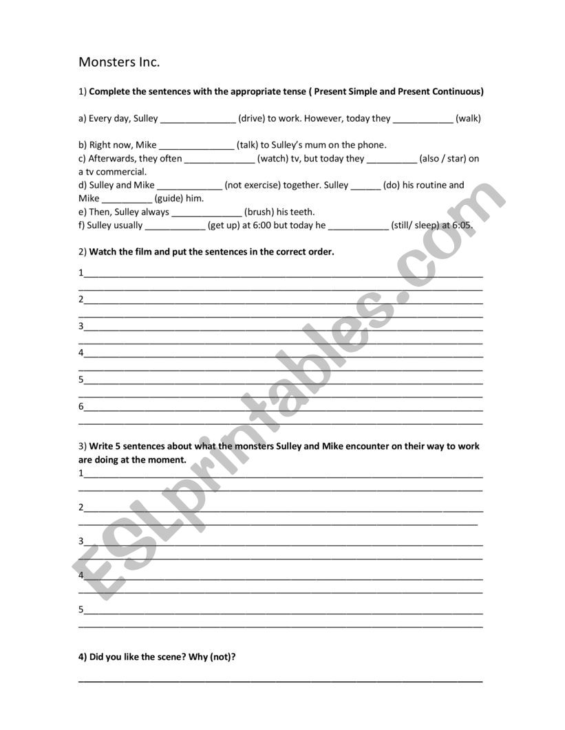 Present simple and continuous worksheet