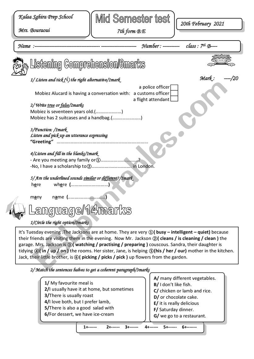 mid semester 7th form worksheet