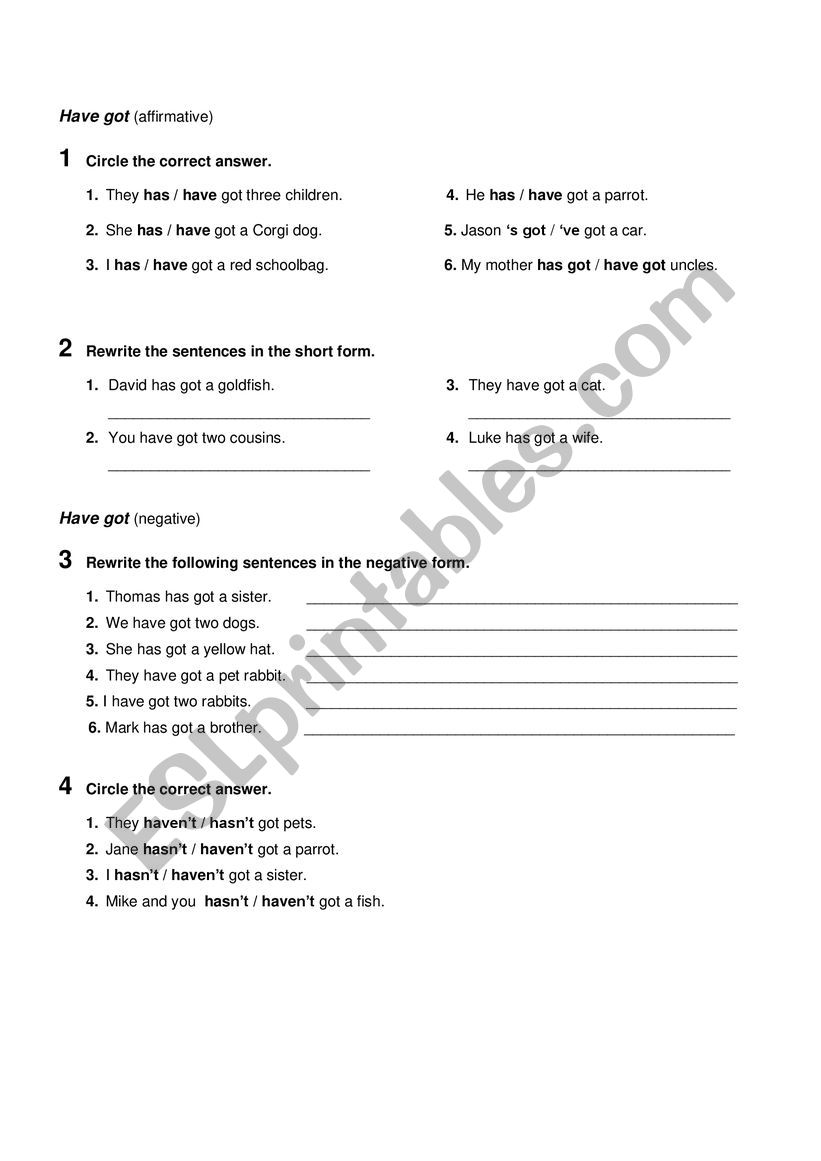 Have Got - all forms worksheet
