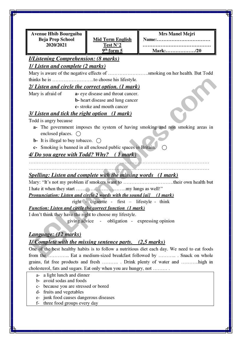 9th form mid term test N2 worksheet