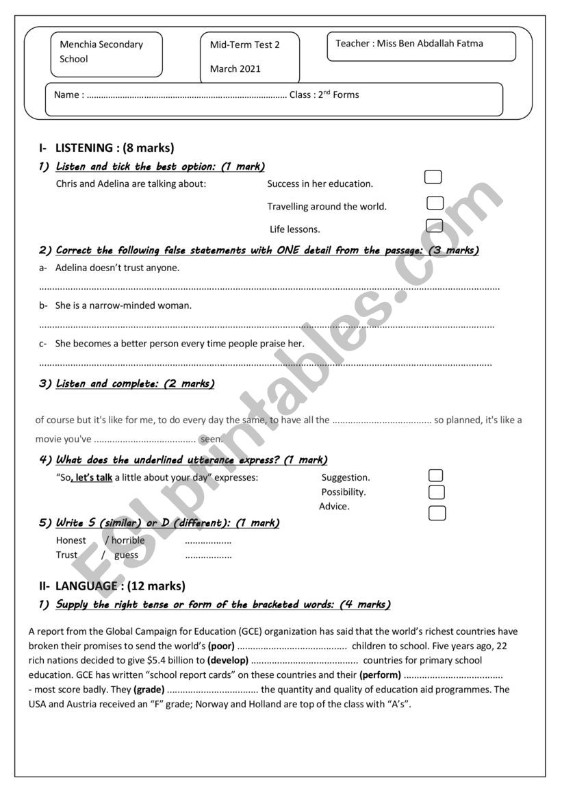 mid term test worksheet