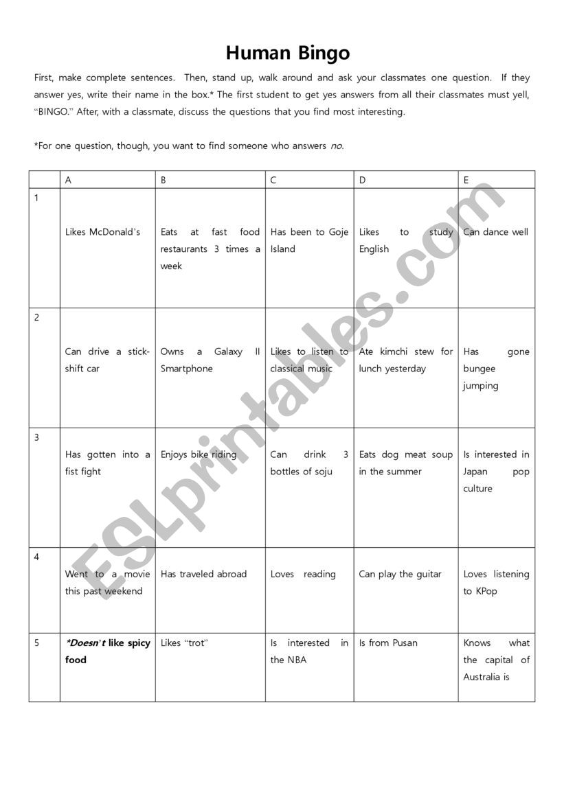 Human Bingo 2nd edition for yes / no questions