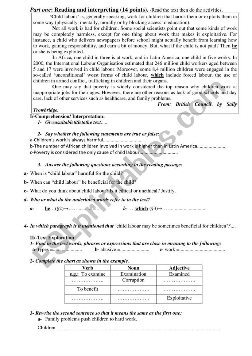 Child labour’ - ESL worksheet by rihabsalam