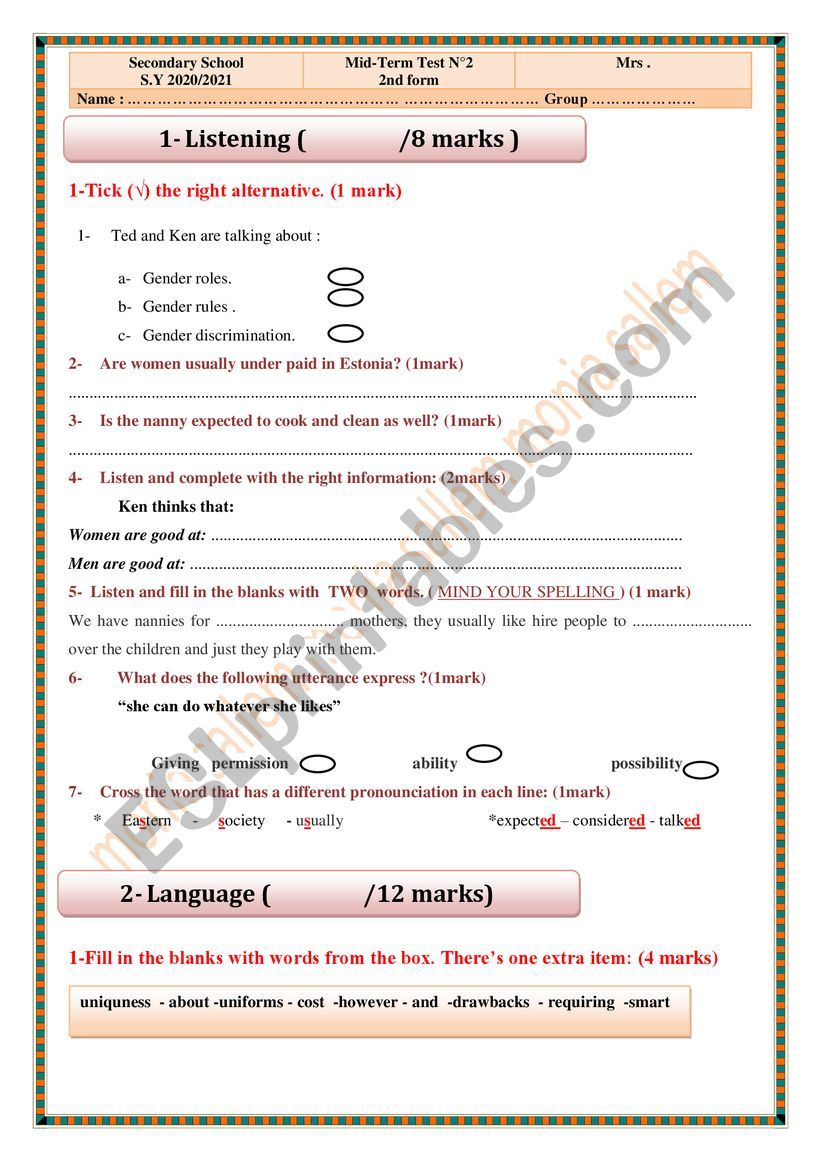 mid term 2 2nd  form worksheet