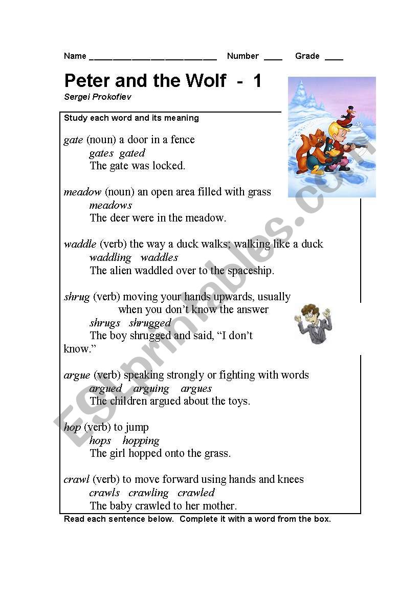 English worksheets: Peter and the Wolf Part - 1