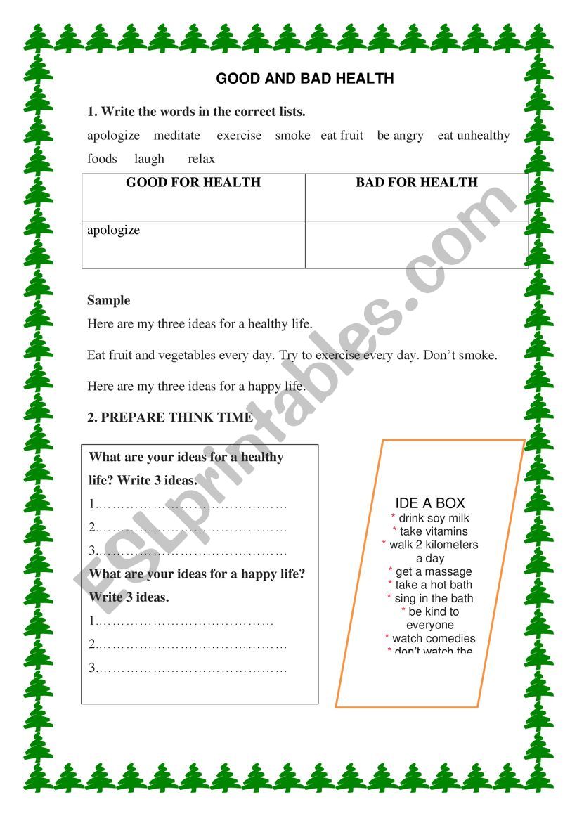 GOOD AND BAD HEALTH worksheet