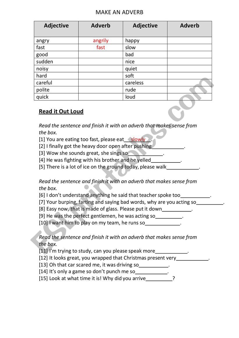 Make an adverb worksheet